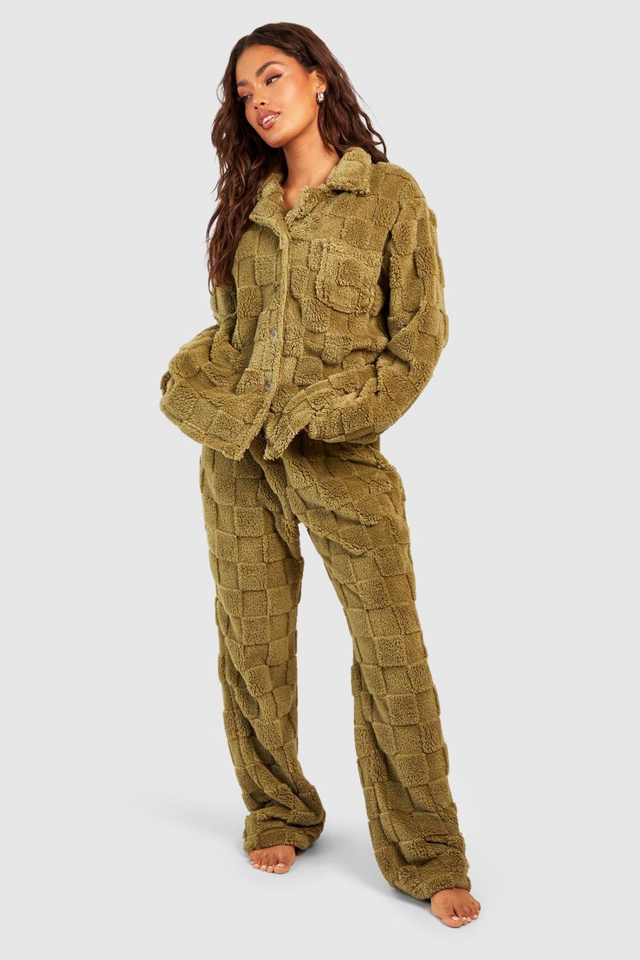 Green Checkerboard Fleece Button Front Pants Set image number 1