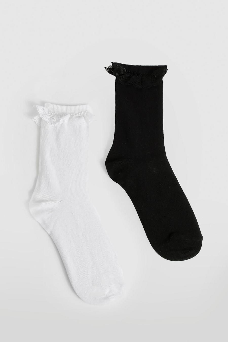 Lot de 2 paires de chaussettes à volants en dentelle, Black_white