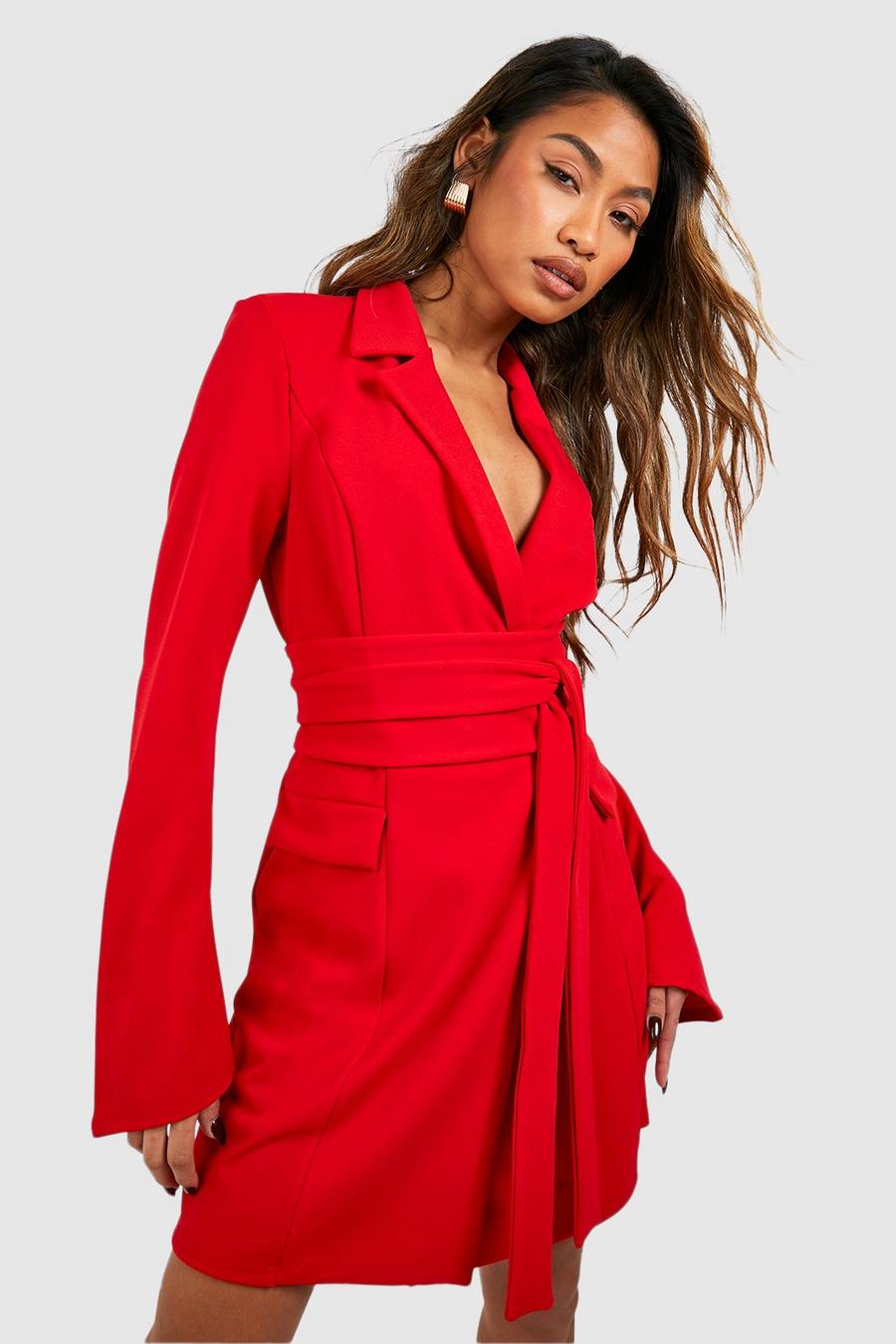 Red Tie Waist Long Sleeve Blazer Dress image number 1