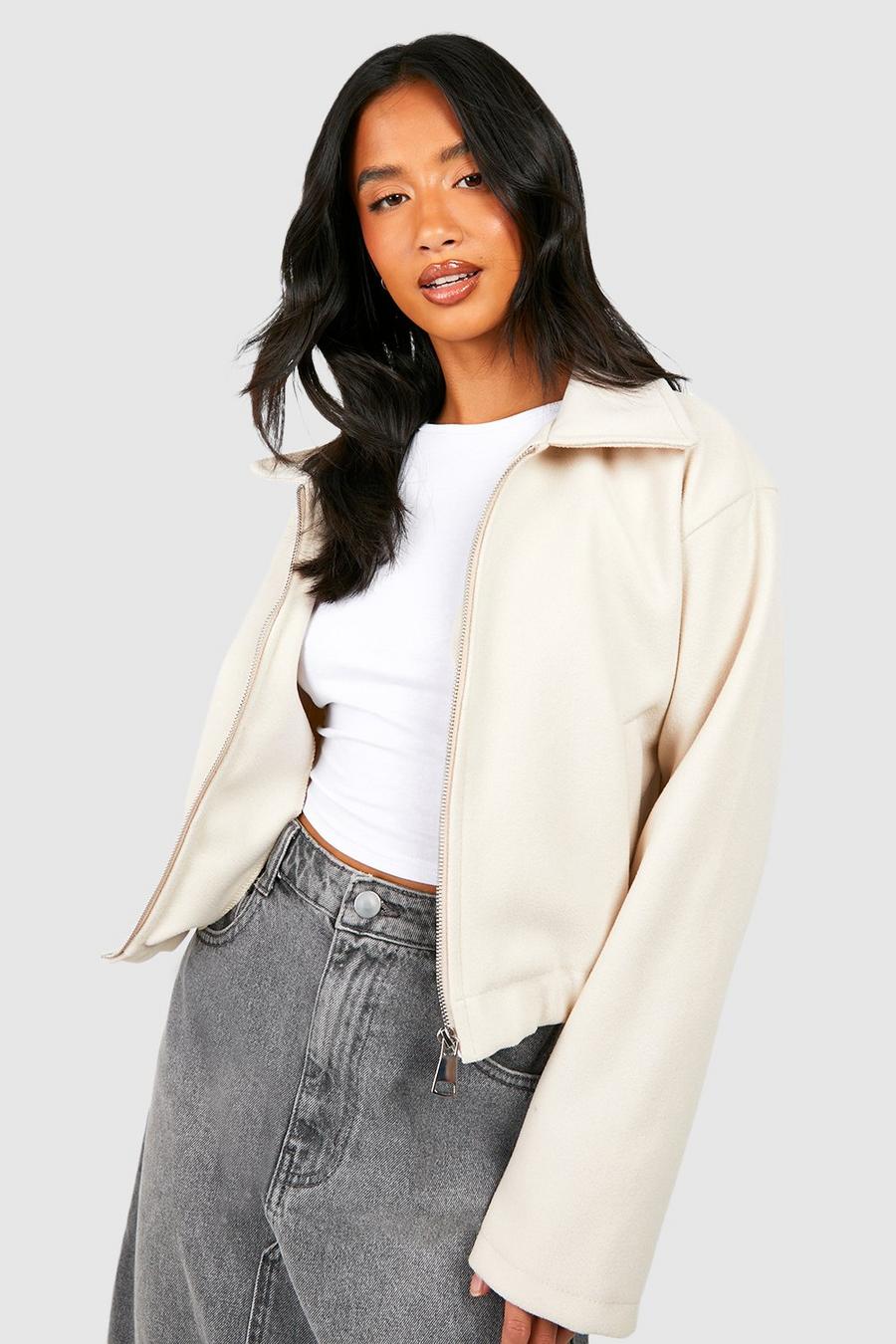 Cream Petite Wool Look Zip Through Jacket 
