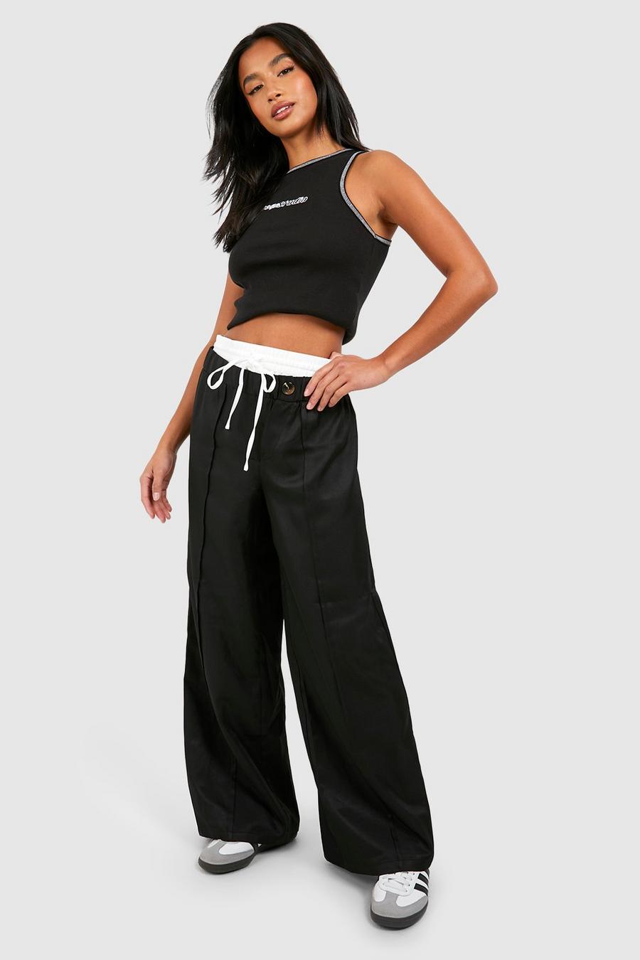 Black Petite Stacked Double Waistband Detail Pants image number 1