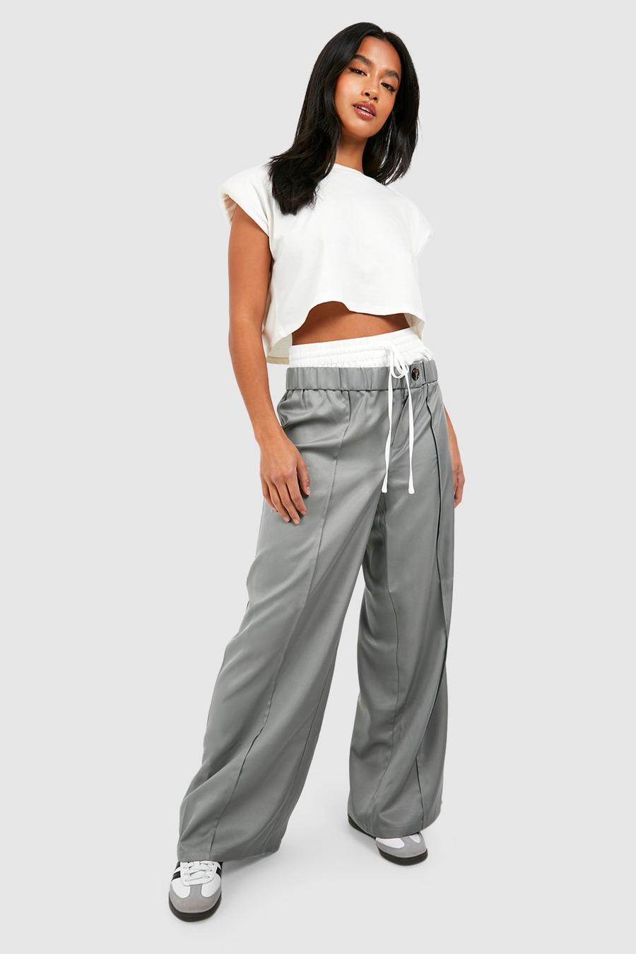 Charcoal Petite Stacked Double Waistband Detail Trouser  image number 1