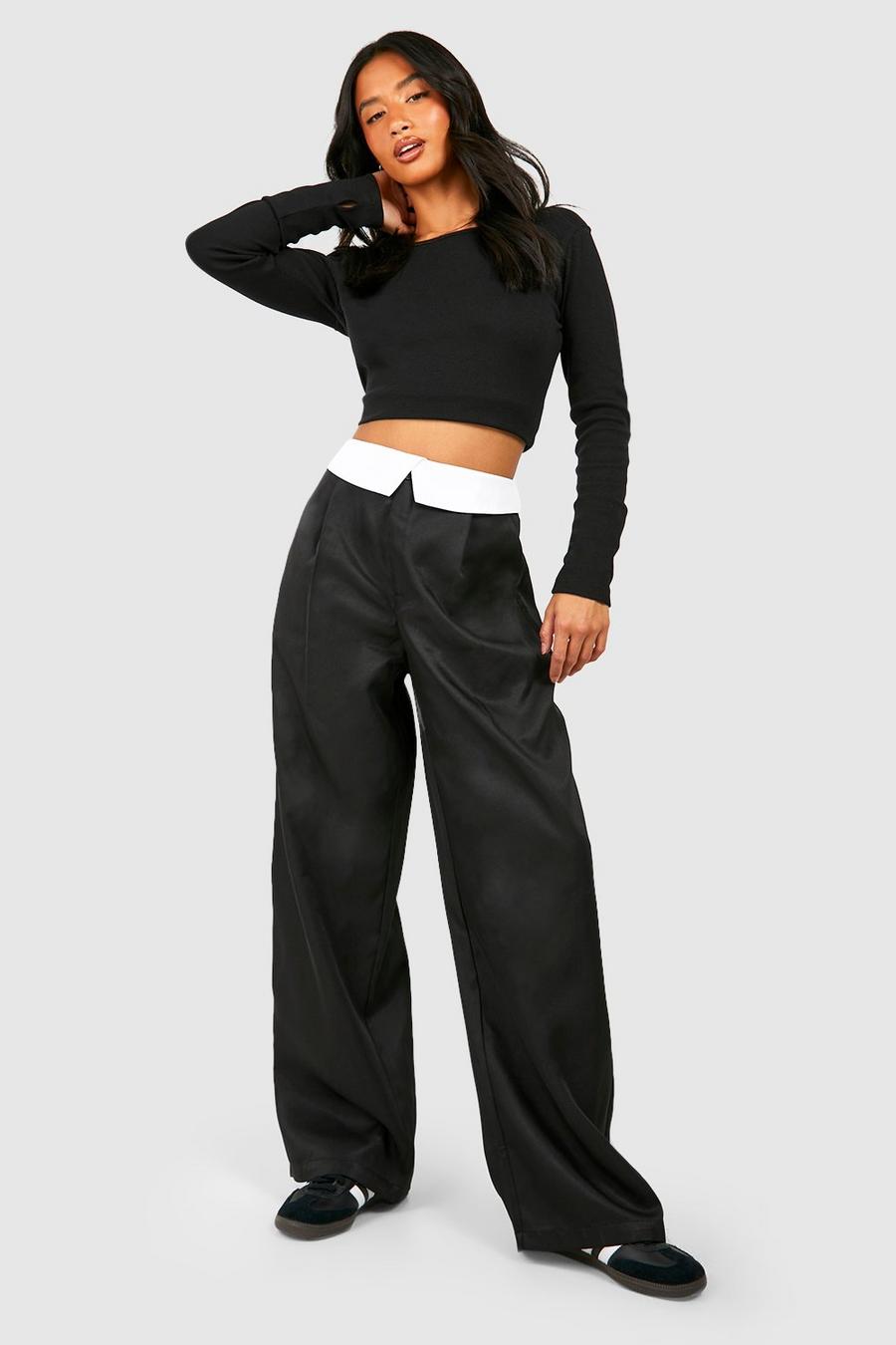 Pantalón Petite ancho con cintura elástica en contraste, Black