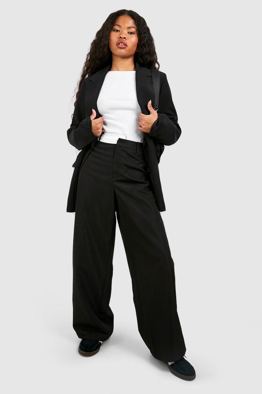 Pantalón Petite de pernera recta con cintura asimétrica en contraste, Black