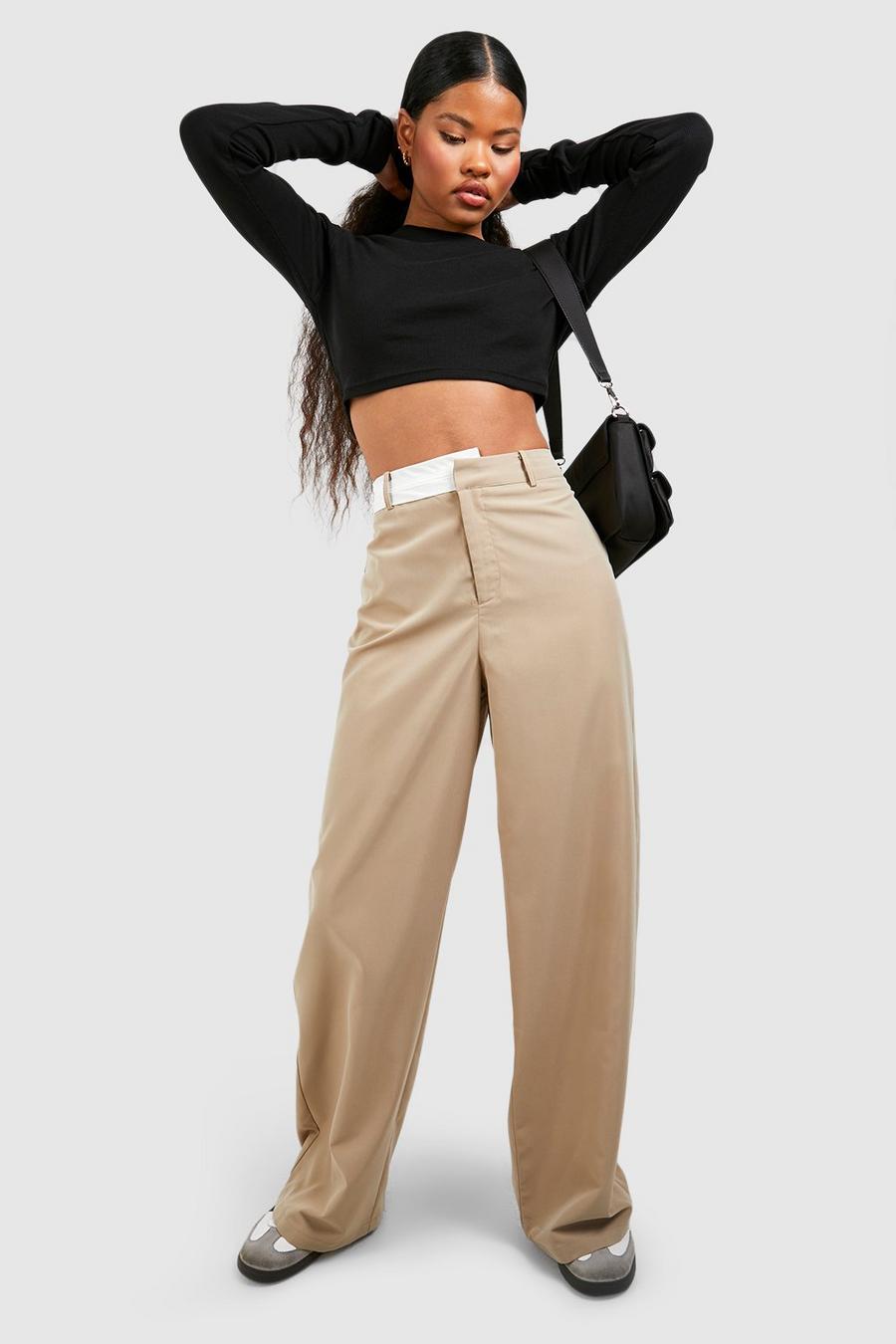 Pantalón Petite de pernera recta con cintura asimétrica en contraste, Oatmeal image number 1