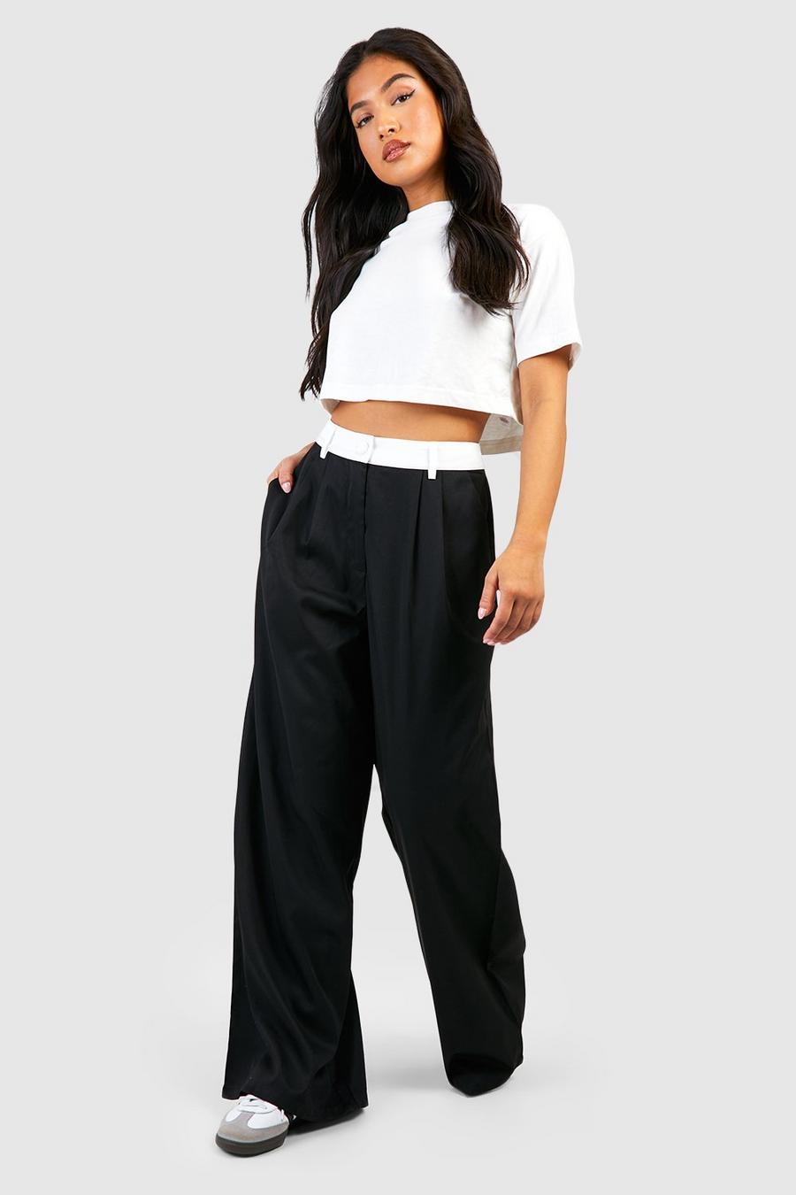 Petite - Pantalon large à taille contrastante, Black
