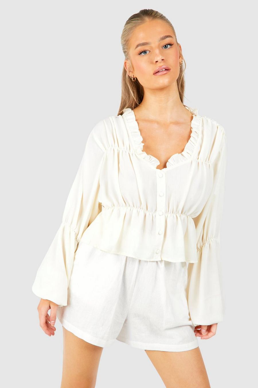 Blusa in chiffon con ruches, Ivory