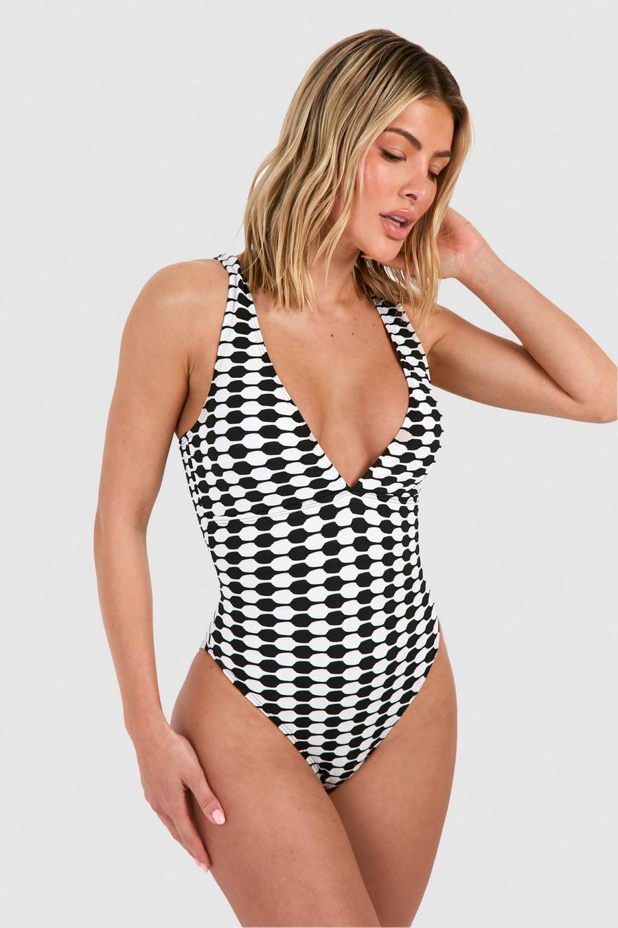 Black Geo Textured Plunge Swimsuit image number 1
