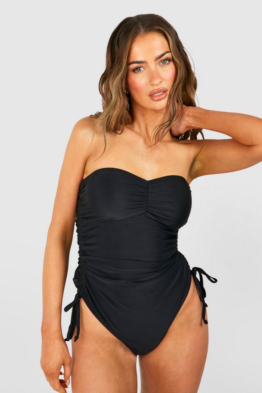 Black Ruched Bandeau Tummy Control Swimsuit image number 1