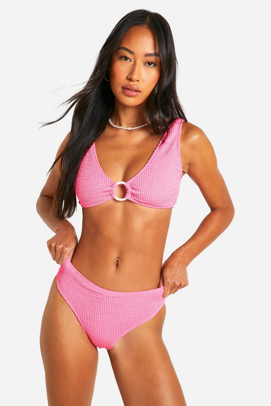 Bright pink Gekreukelde High Waist Bikini Set Met O-Ring