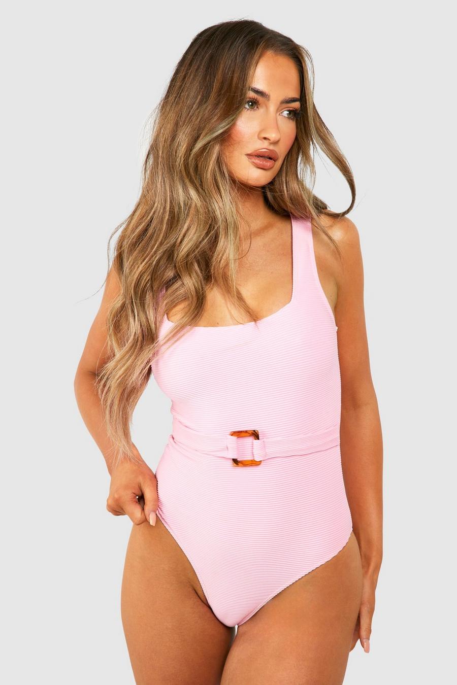 Gerippter Shaping-Badeanzug mit geradem Ausschnitt, Baby pink image number 1