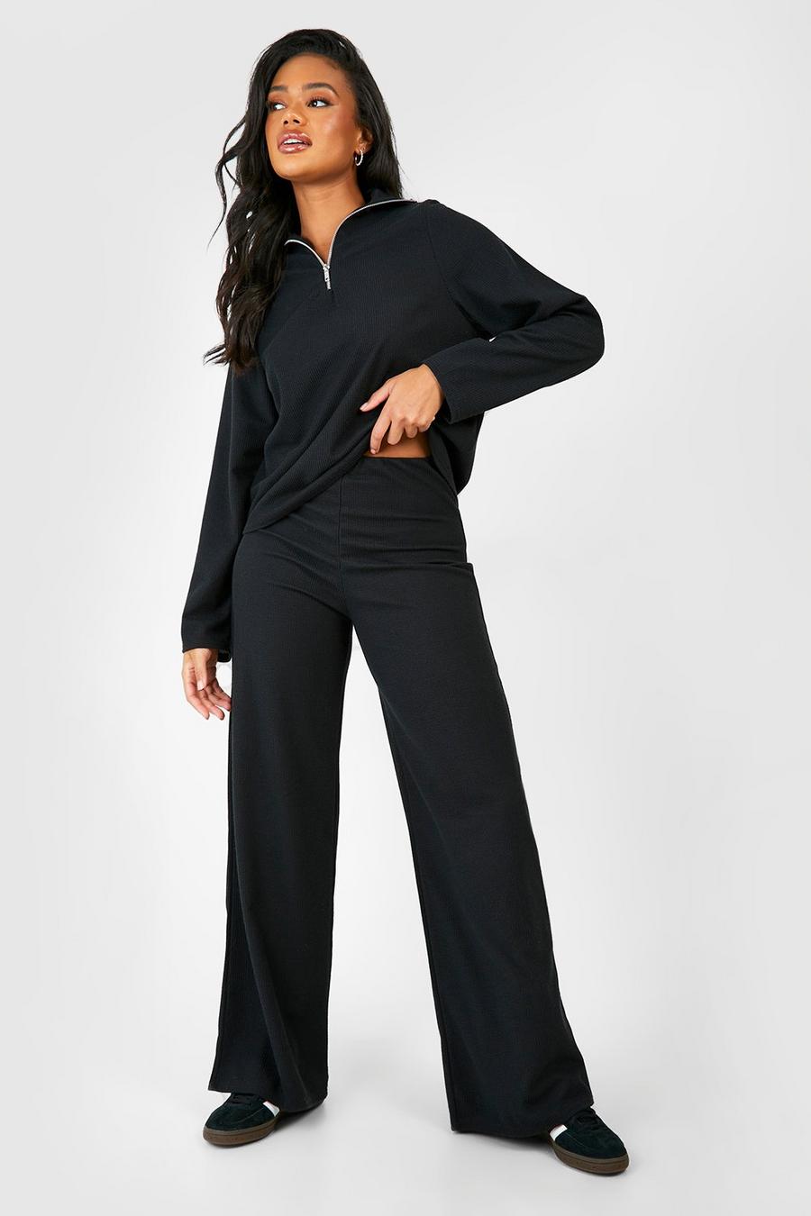 Black Ribbed Slouchy Wide Leg Trousers