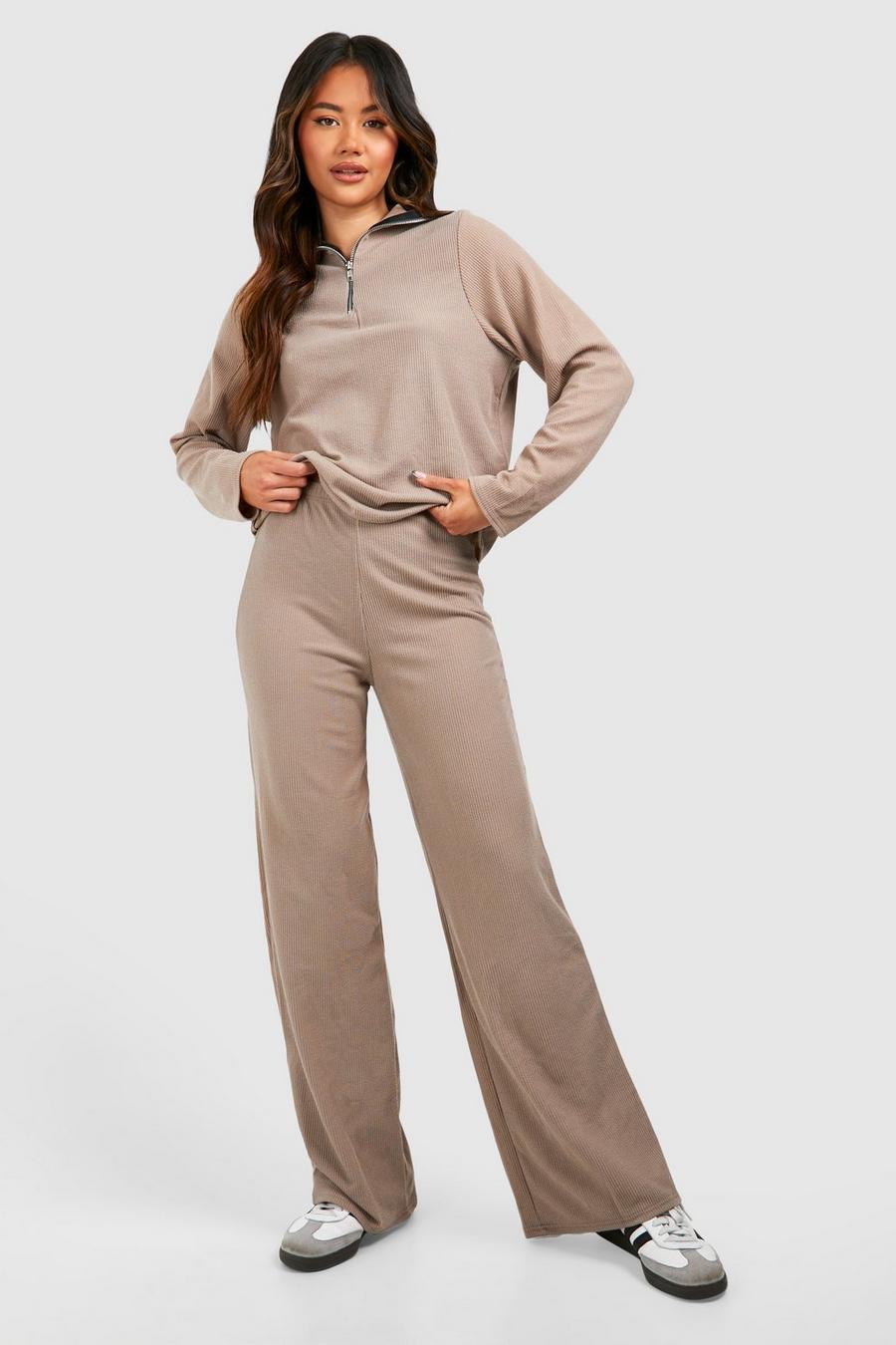 Taupe Ribbed Slouchy Wide Leg Trousers image number 1