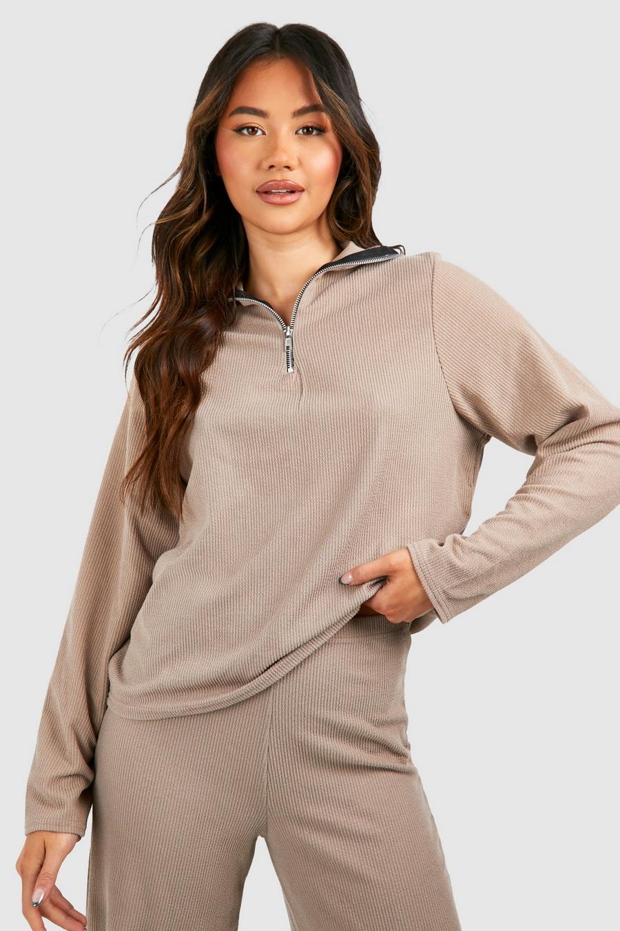 Taupe Ribbed Zip Up Boxy Top image number 1