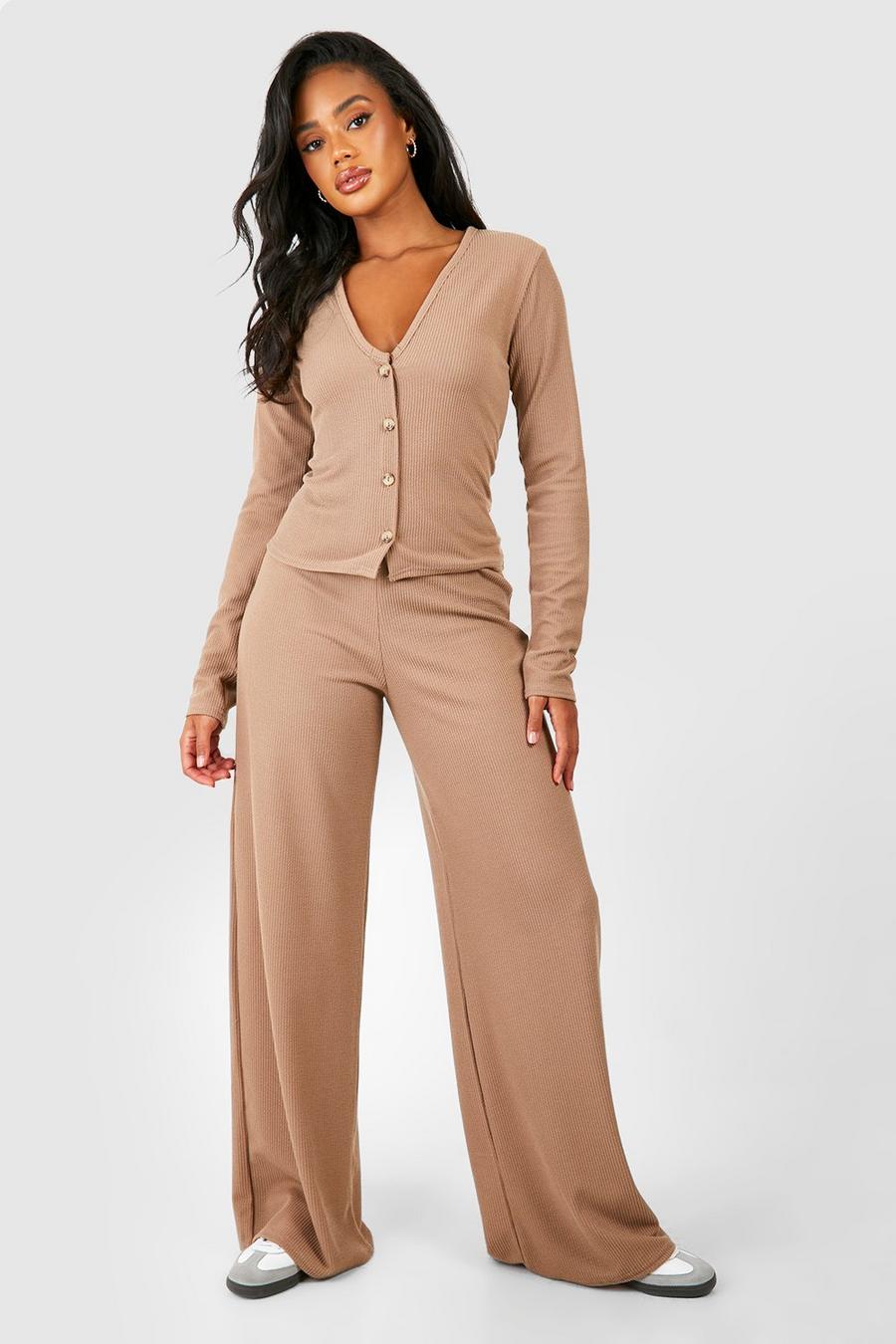 Taupe Ribbed Slouchy Wide Leg Trousers