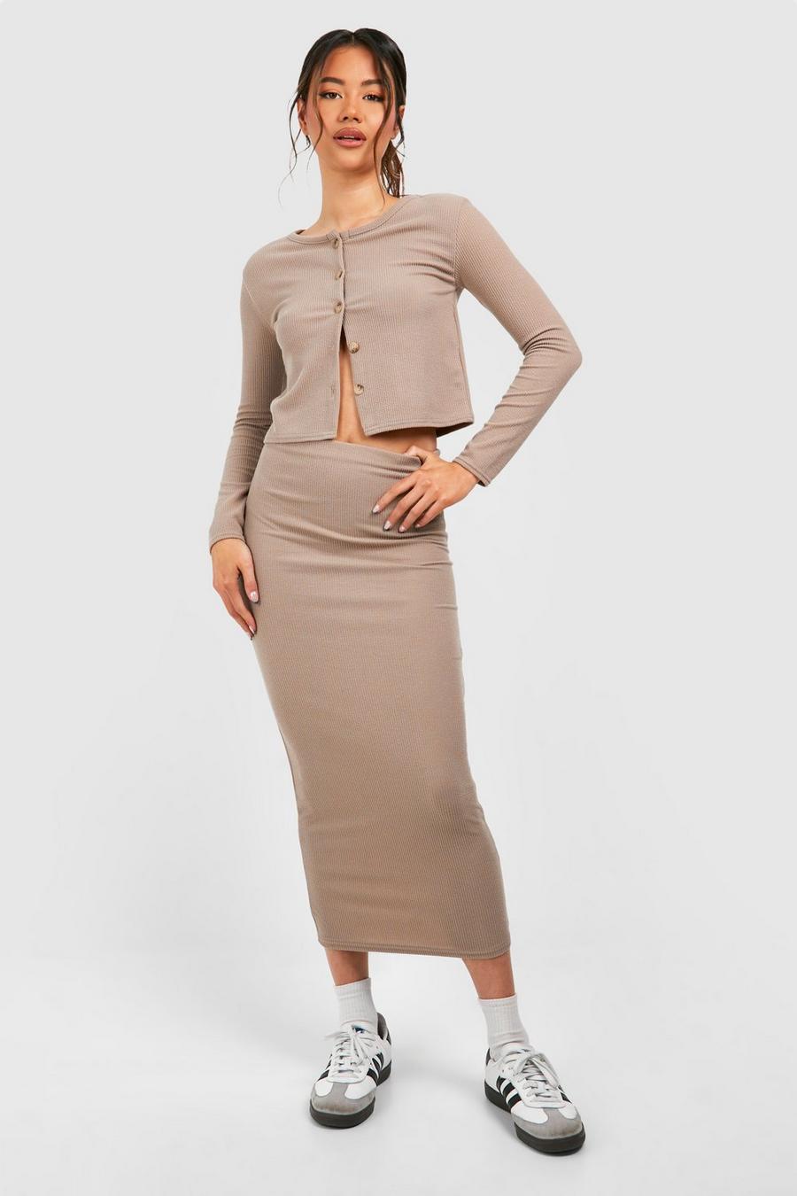 Taupe Ribbed Column Midi Skirt