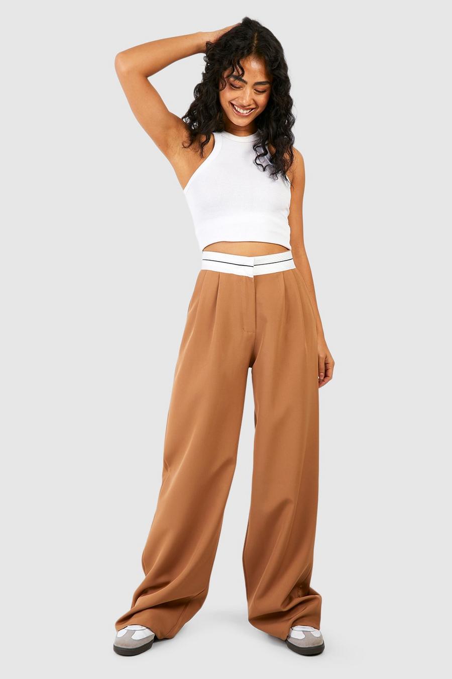 Camel Contrast Waistband Pleat Front Wide Leg Trousers