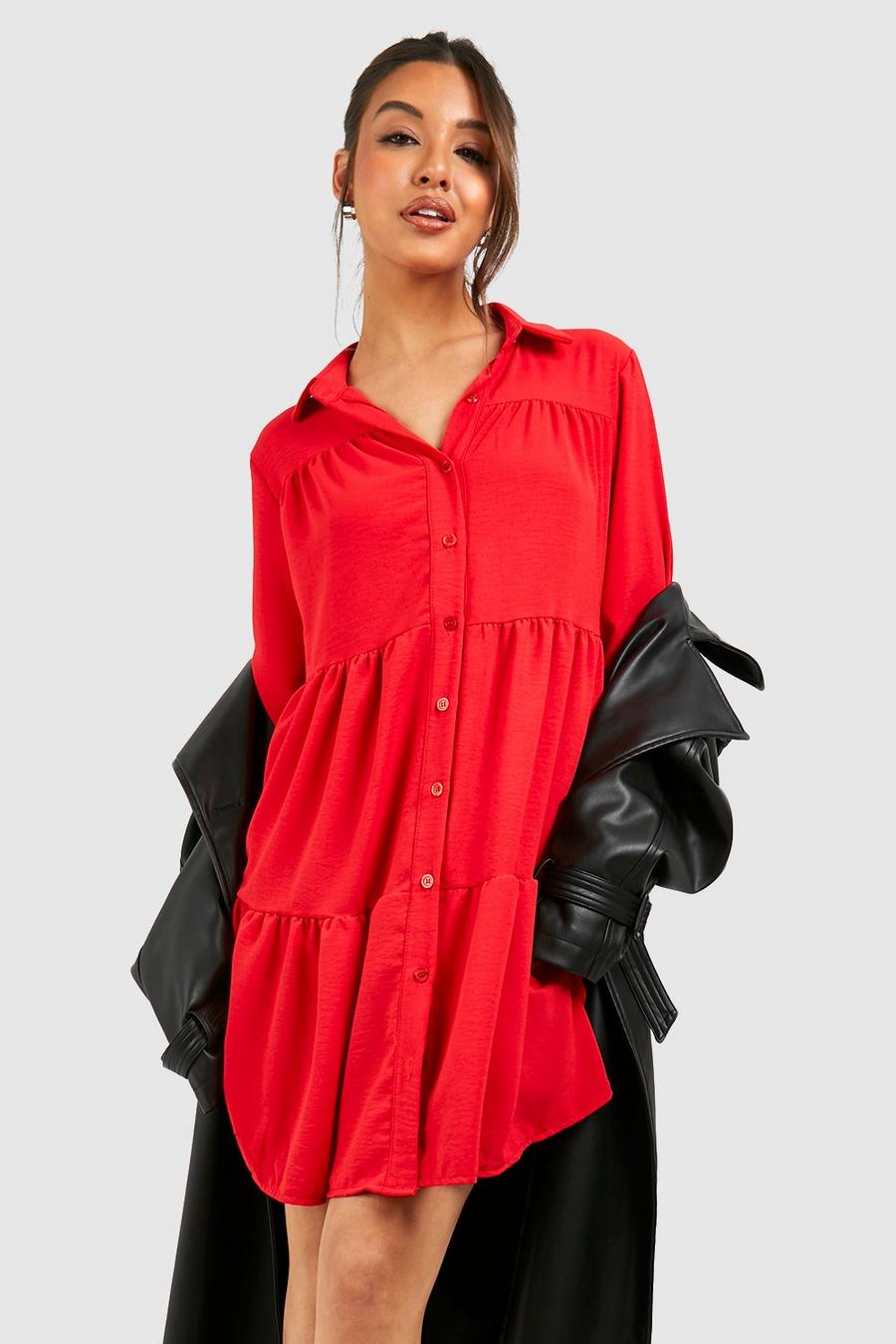 Red Hammered Tiered Smock Shirt Dress