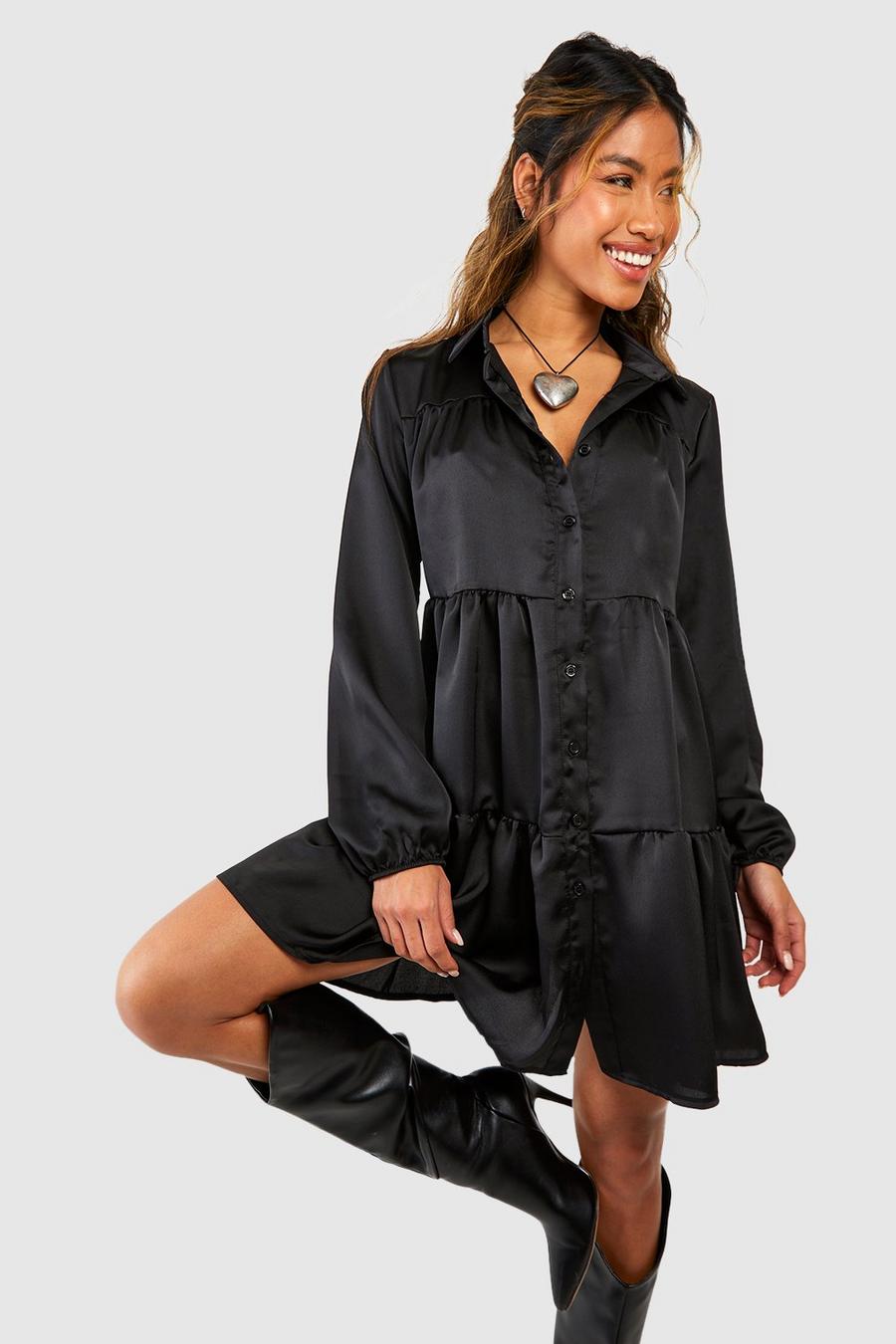 Black Satin Tiered Smock Shirt Dress