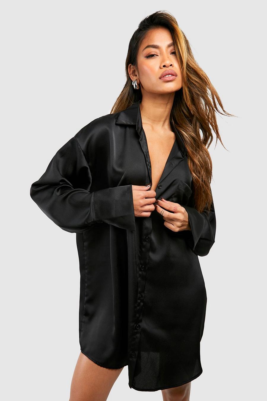 Satin Hemd-Kleid mit Taschen-Detail, Black image number 1