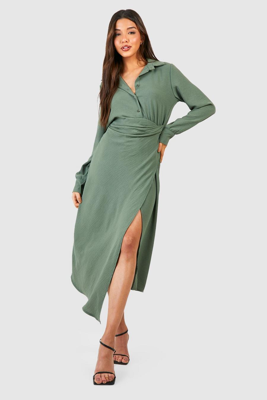 Khaki Hammered Wrap Front Ruched Side Shirt Dress