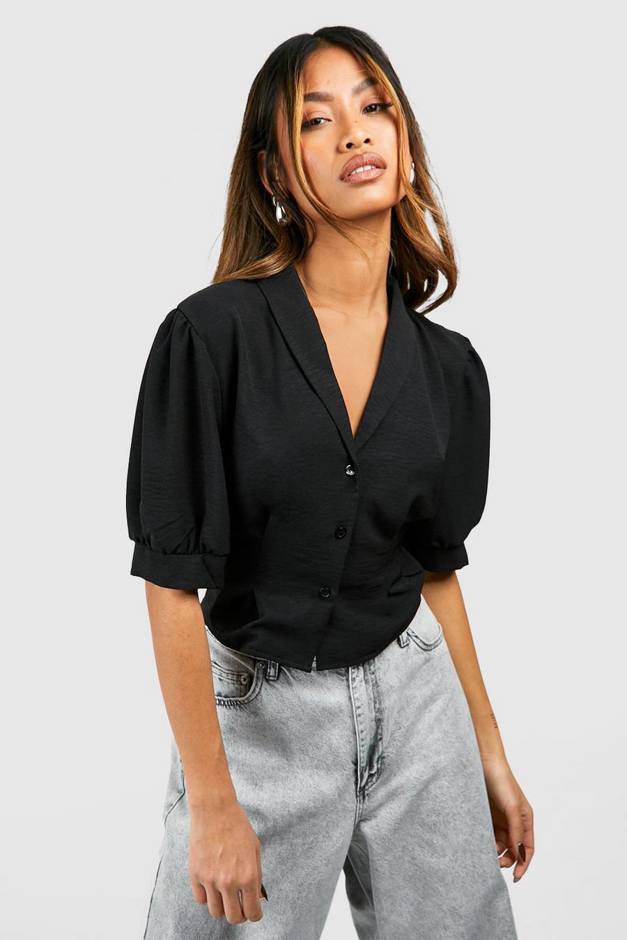 Black Hammered Contour Puff Sleeve Blouse