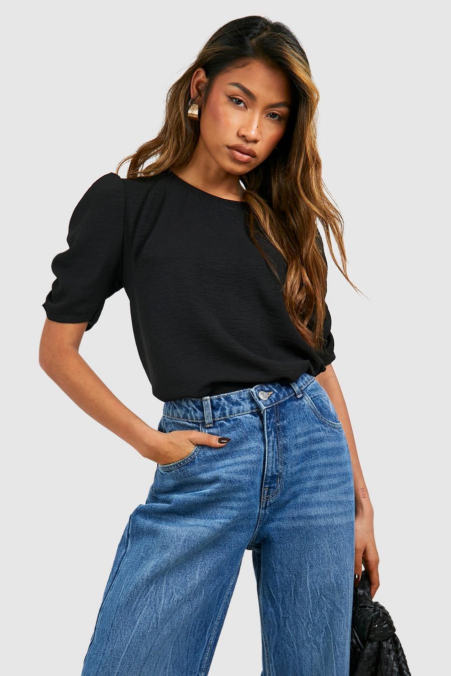 Black Hammered Ruched Puff Sleeve Blouse