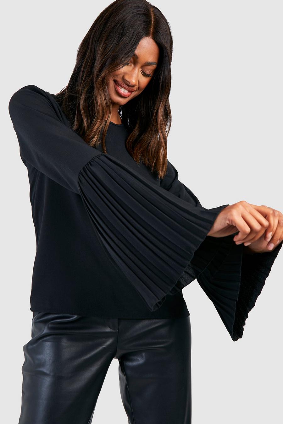 Black Woven Pleated Flared Cuff Blouse