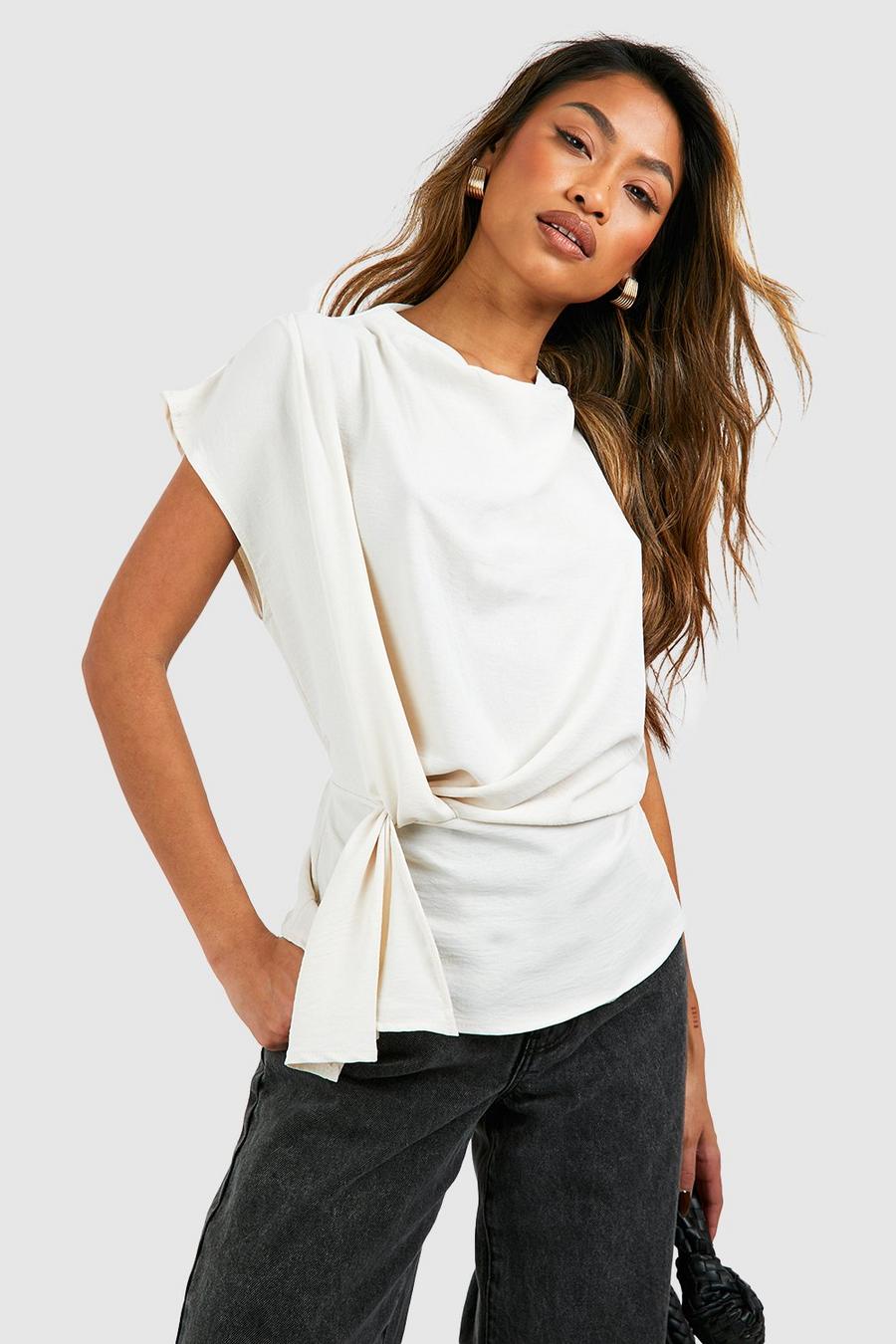 Cream Hammered Knot Front Cowl Neck Blouse
