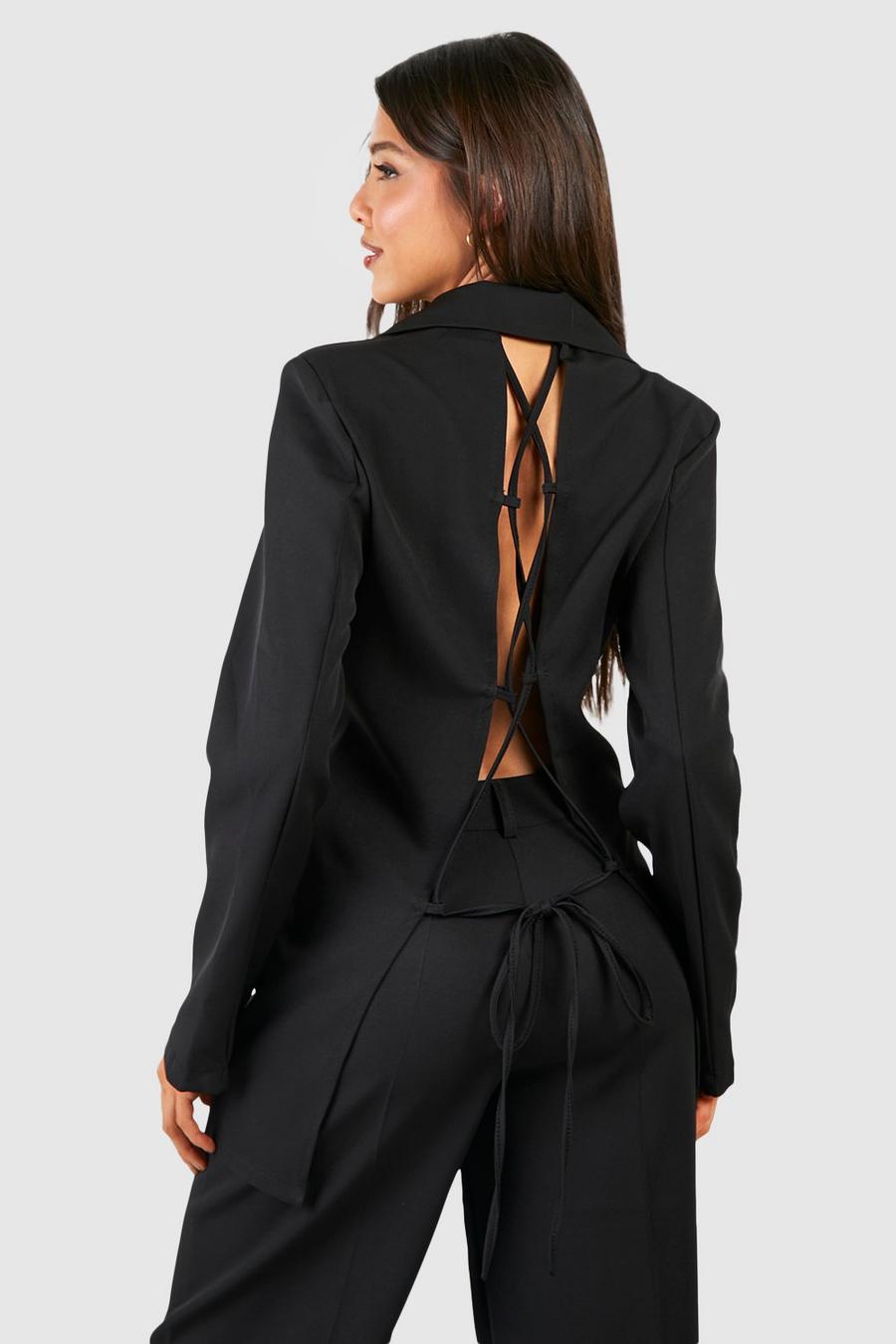 Black Lace Up Open Back Double Breasted Blazer