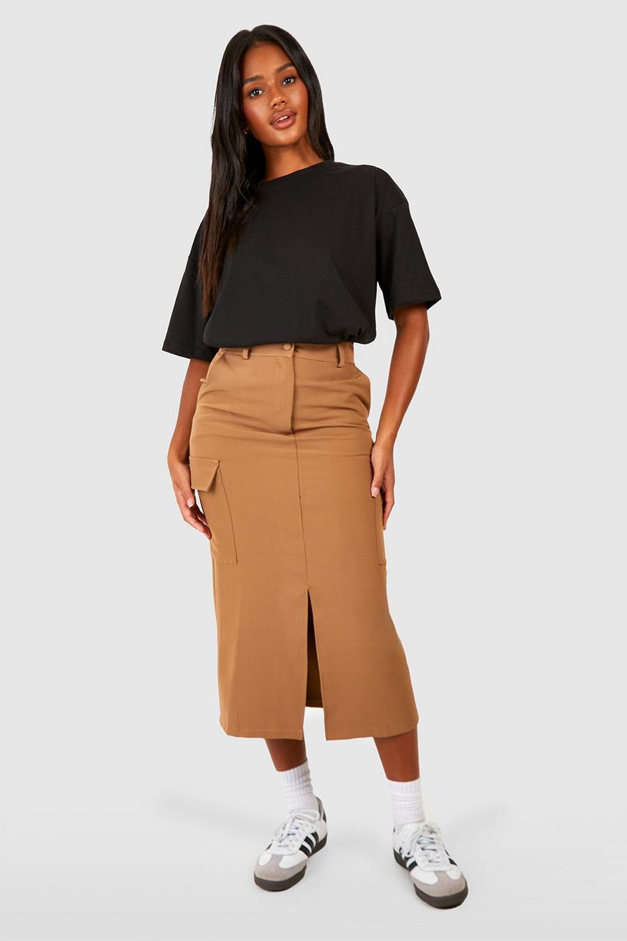 Camel Cargo Pocket Split Front Tailored Midaxi Skirt