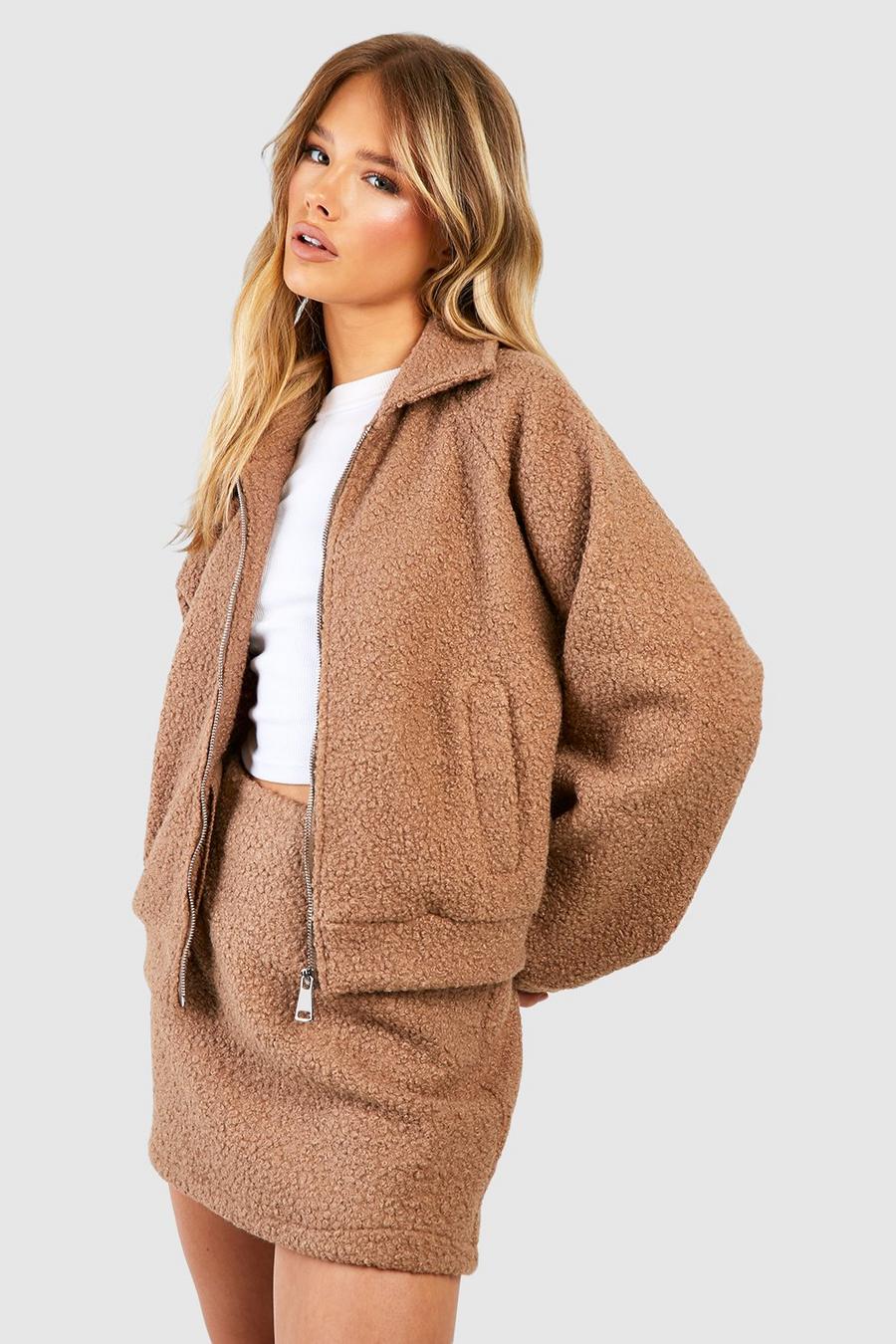 Giacca Bomber in bouclé con zip frontale, Sand