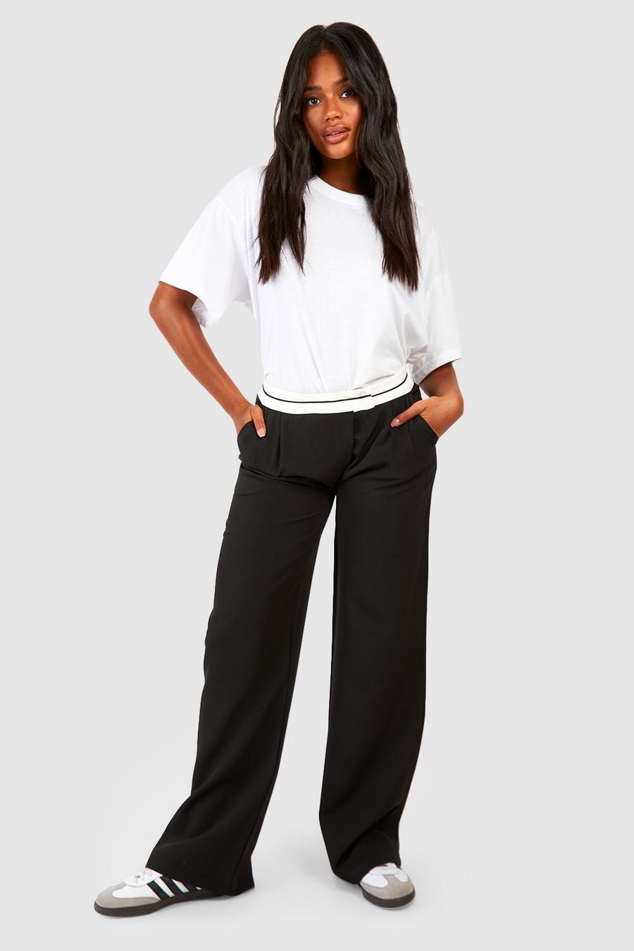 Black Contrast Waistband Wide Leg Dress Pants