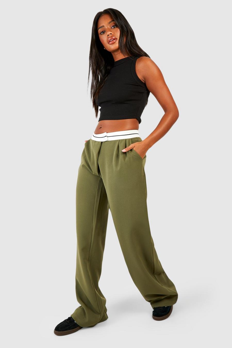 Khaki Contrast Waistband Wide Leg Tailored Luxe Trousers