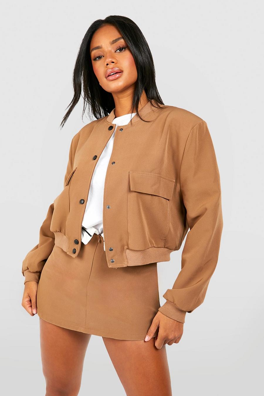 Camel Woven Pocket Detail Relaxed Fit Bomber Jacket