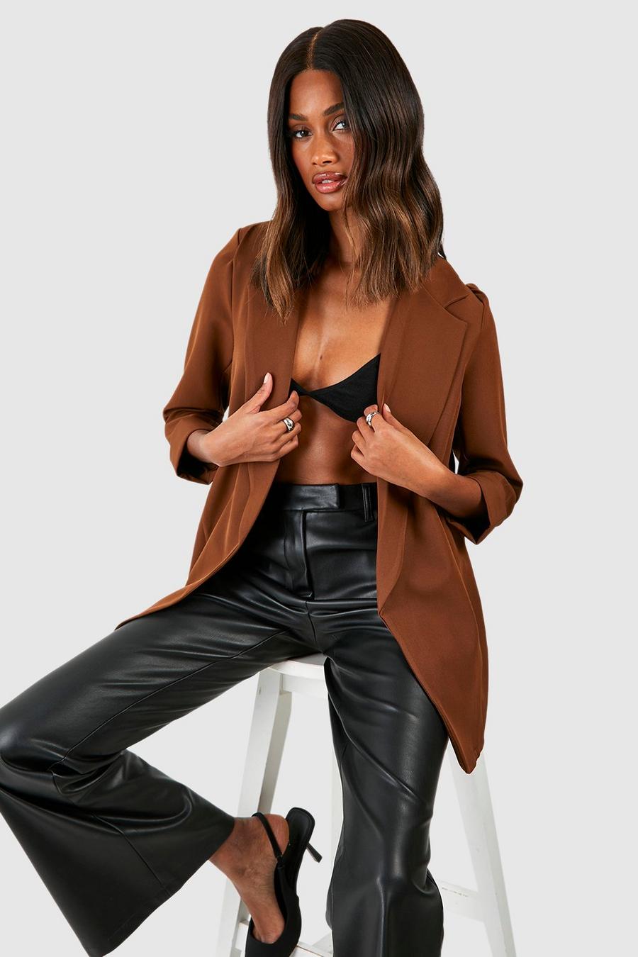Chocolate Basic Woven Turn Cuff Relaxed Fit Blazer