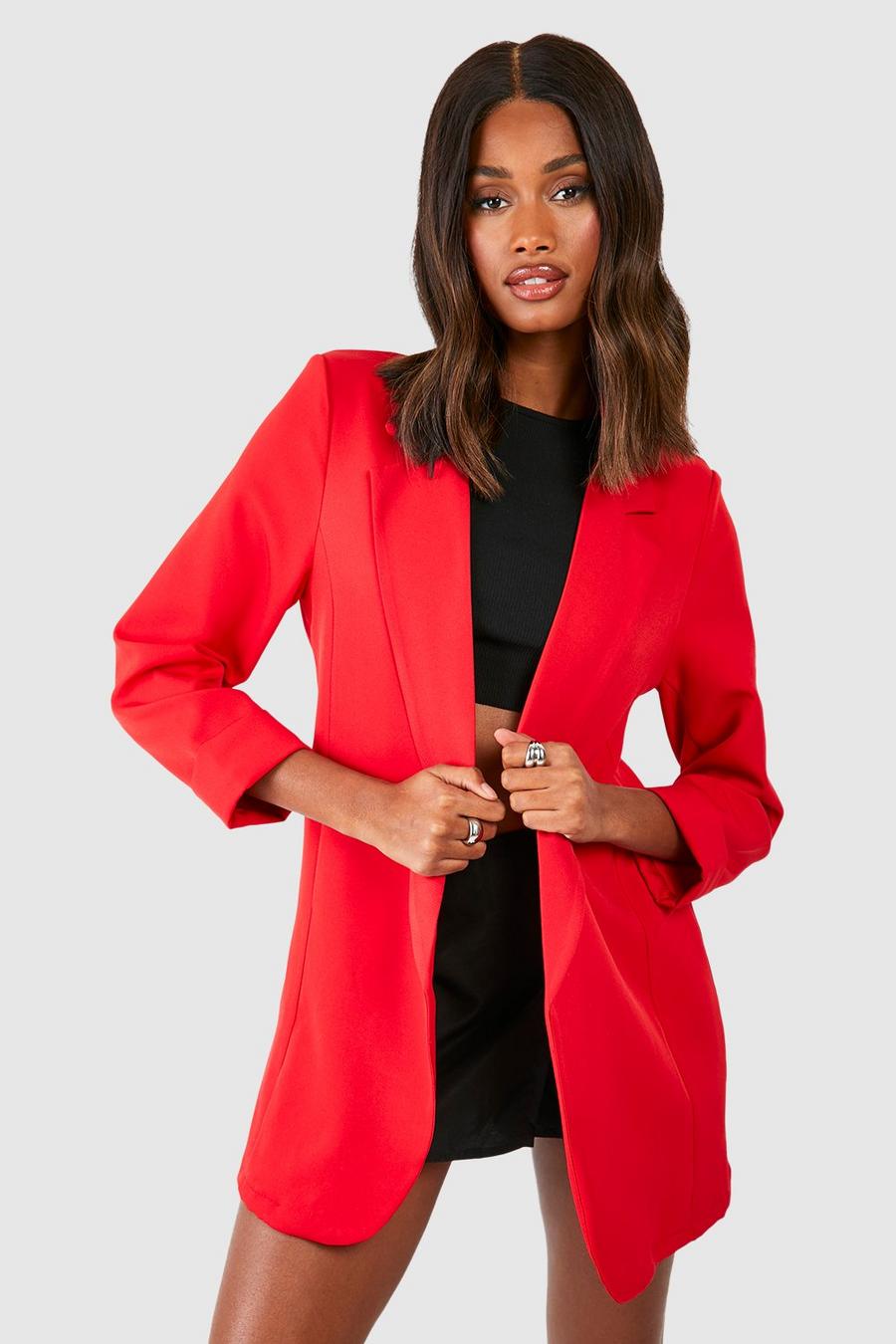 Red Basic Geweven Baggy Blazer Met Omgeslagen Mouwen