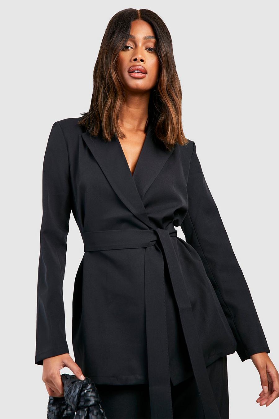 Black Basic Tie Waist Relaxed Fit Blazer image number 1
