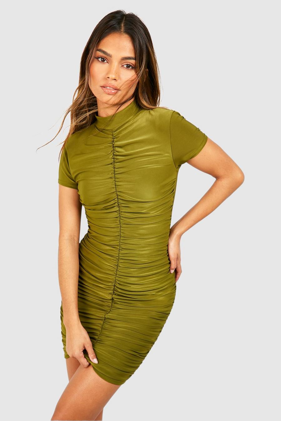 Olive Matte Slinky Ruched Mini Dress image number 1