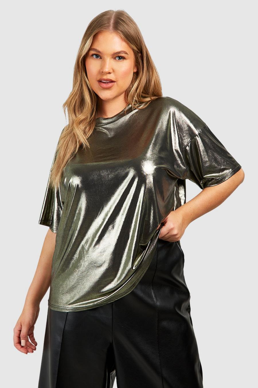 T-shirt Plus Size oversize metallizzata, Gold