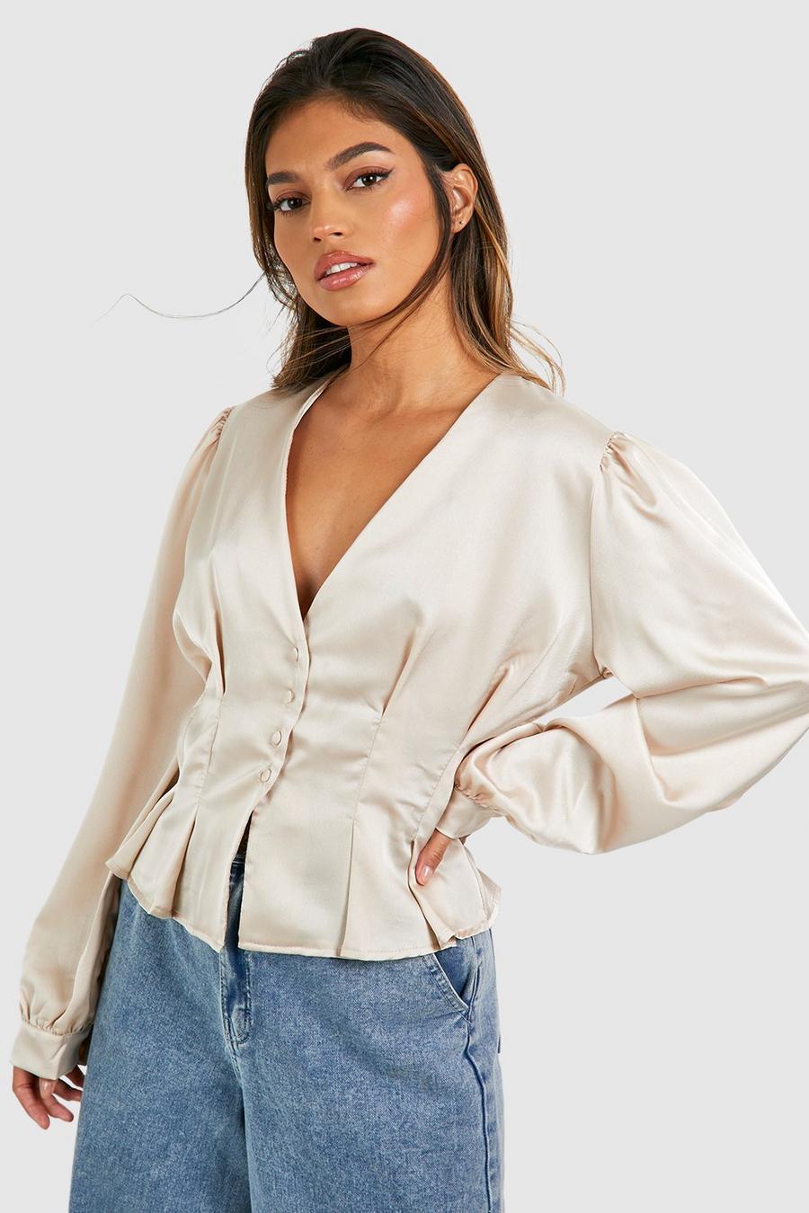 Oyster Satin Contour Seam Detail Puff Sleeve Blouse