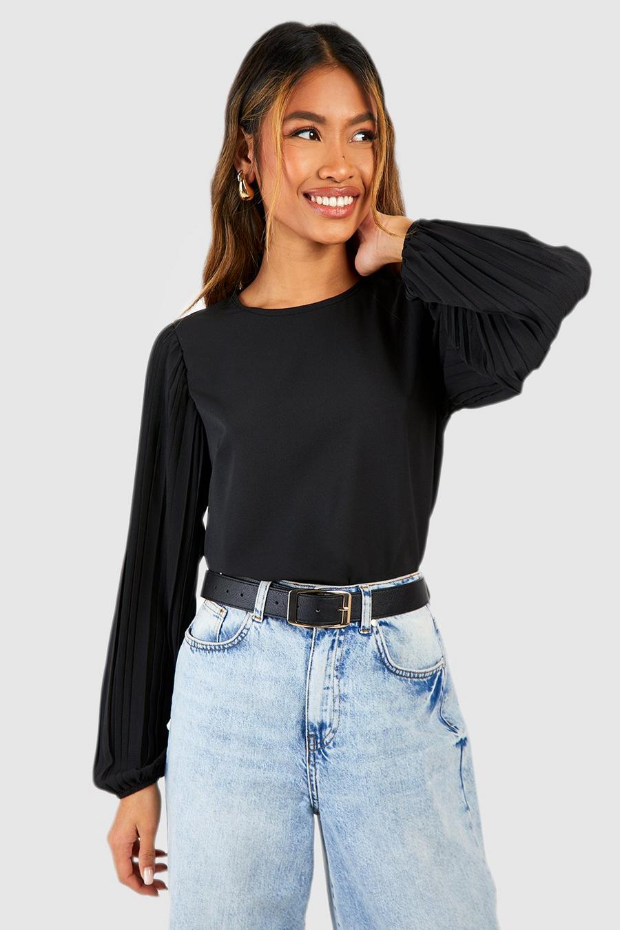 Black Woven Pleated Puff Sleeve Blouse