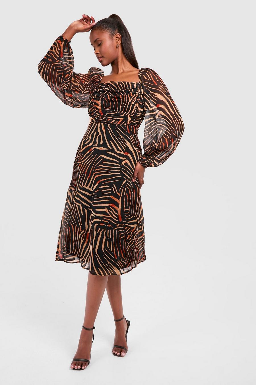 Brown Chiffon Animal Print Ruched Midi Dress image number 1