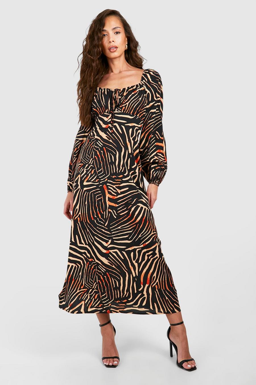 Brown Animal Print Ruched Bust Midi Dress