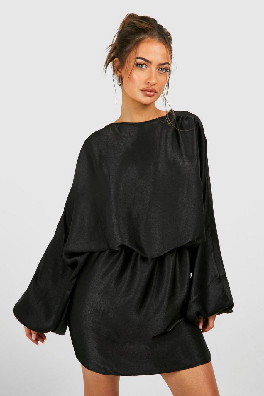 Black Hamered Satin Blouson Mini Dress