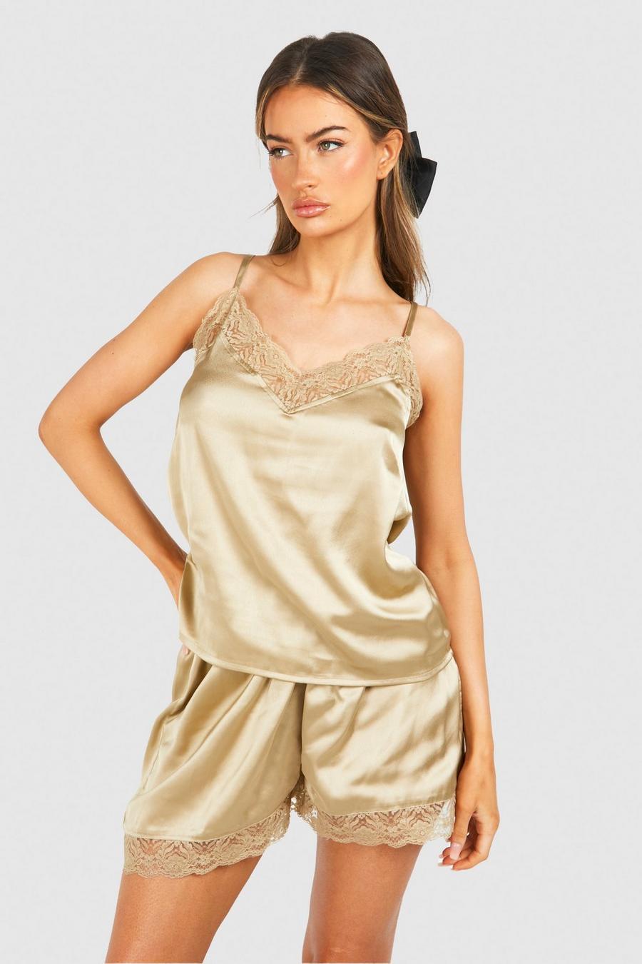 Gold Metallic lace cami and short set  image number 1