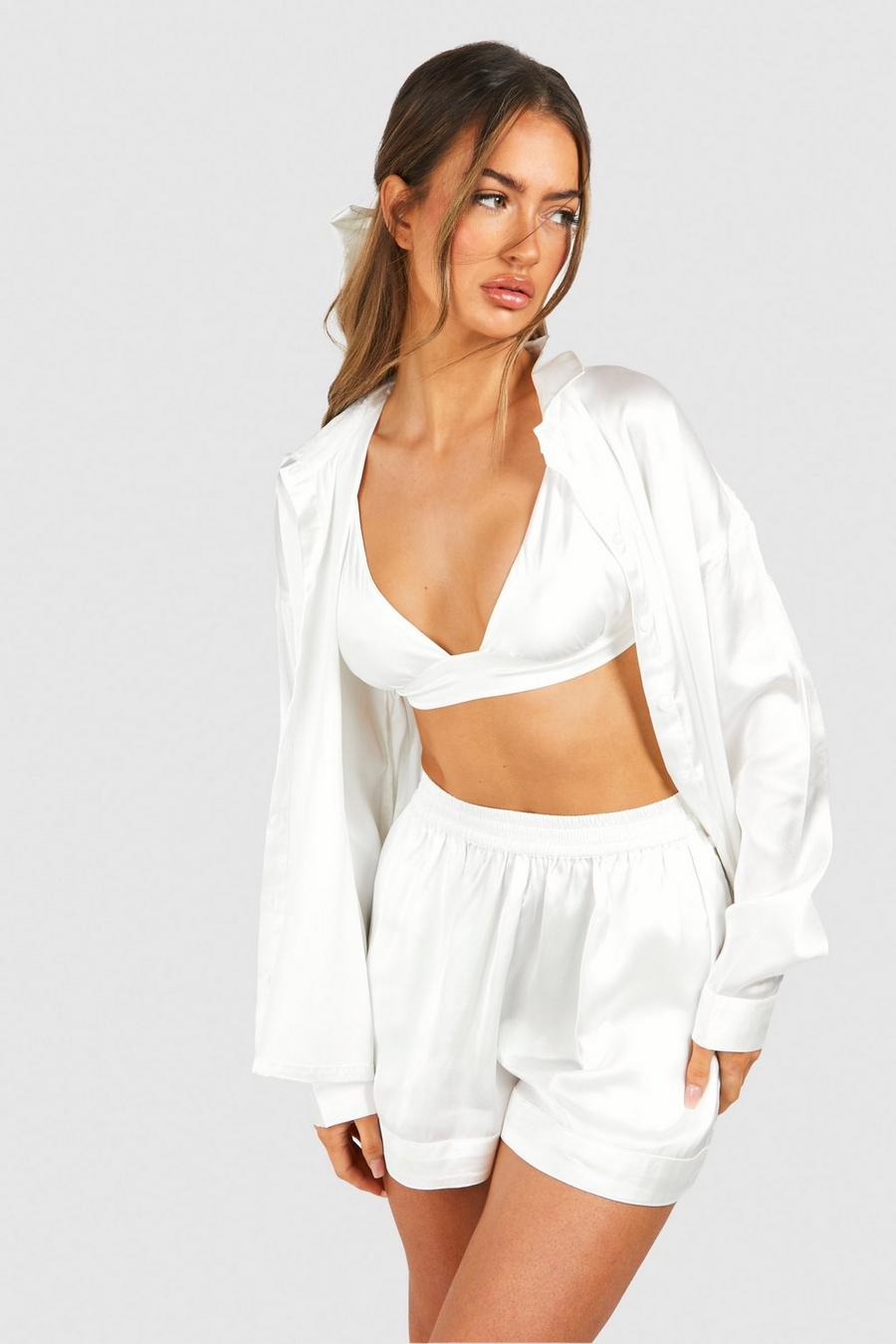 White 3-Delige Satijnen Pyjama Set Met Shorts