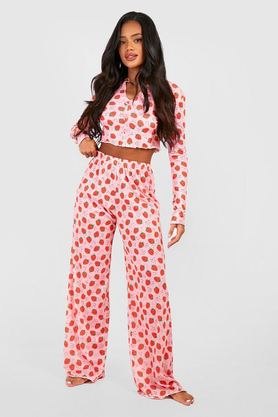 Red Valentine'S Strawberry Print Button Front Pajama Set