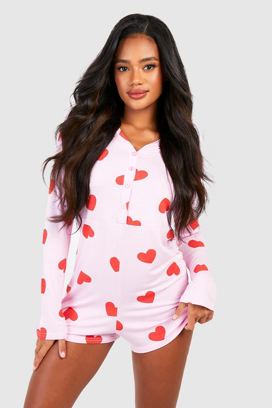 Pink Heart Print Button Front Romper