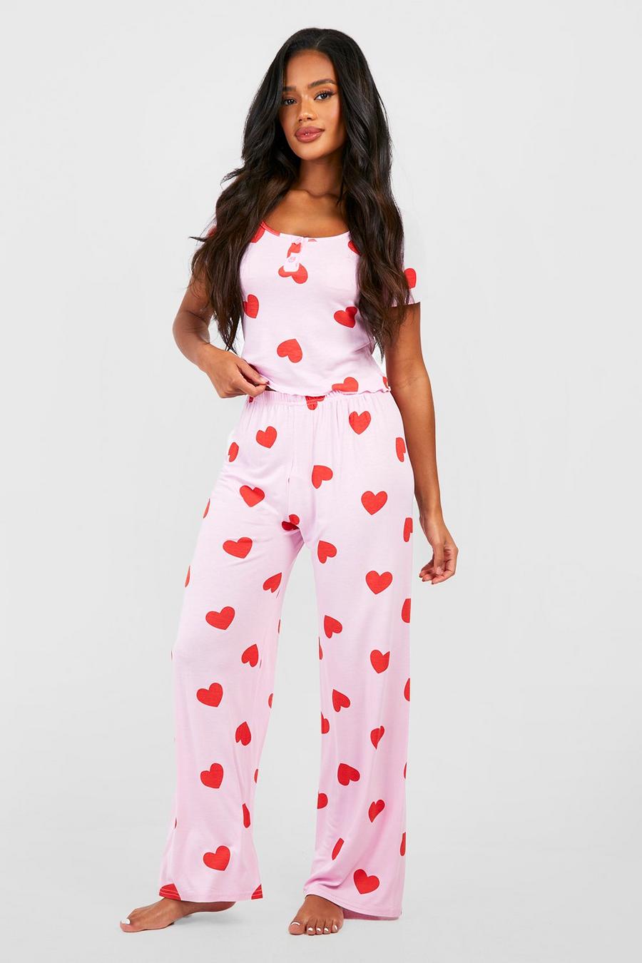 Valentinstags Pyjama-Set mit Herz-Print und Knopfleiste, Pink image number 1